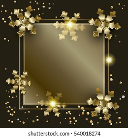 Merry Christmas Happy New Year 2022 greeting cards background with glitter confetti, fall snow, sparkle 3D gold snowflakes Luxury Christmas decoration Vector card Winter Holiday golden realistic frame