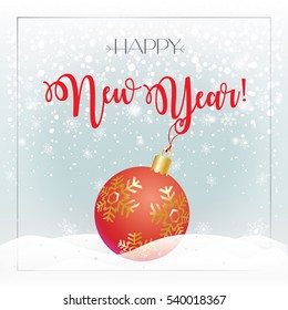 Merry Christmas and Happy New Year greeting card background with Christmas red ball, falling snowflakes,, snow mountain, calligraphy lettering. Winter Holiday decoration. Vector illustration 2023