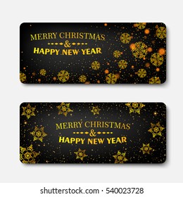 Merry Christmas and Happy New Year banners set. Black and gold background