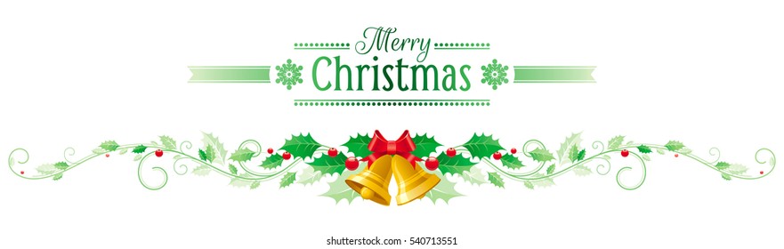 Merry Christmas Happy new Year horizontal banner, holly berry, jingle bells, bow, ribbon. Text letter logo. Isolated, white background. Abstract xmas poster, greeting card design. Vector illustration.