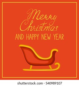 Merry Christmas and happy new year greeting card, poster. Text and Santa's sleigh on a red background.