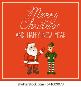 Merry Christmas and happy new year greeting card. Santa Claus and elf on a red background.