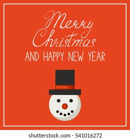 Merry Christmas and happy new year greeting card. The head of the snowman hat the cylinder on a red background.