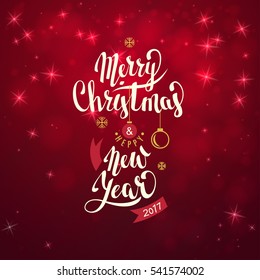 Merry Christmas and Happy New Year. Lettering. Vector Abstract Geometric Background