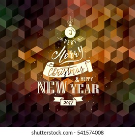 Merry Christmas and Happy New Year. Lettering. Vector Abstract Geometric Background