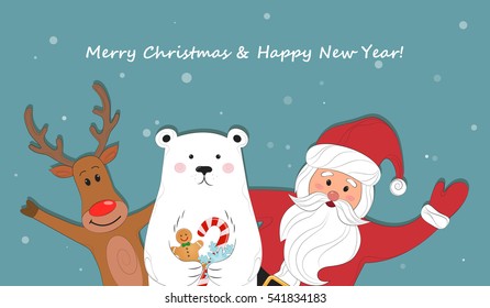 Merry Christmas and Happy New Year. Cute card with a picture of Santa Claus, reindeer and polar bears. Vector illustration.