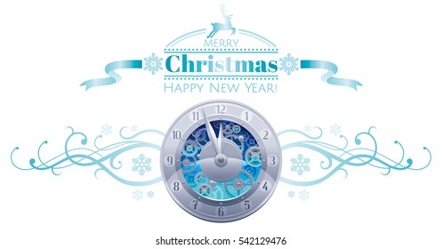 Merry Christmas Happy New year holiday border banner isolated white background. Silver clock midnight dial. Abstract vector illustration. Snowflake, ribbon swirl, cartoon reindeer logo decoration icon
