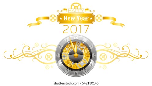 Merry Christmas Happy New year 2017 holiday border banner isolated white background. Clock midnight dial. Abstract vector illustration. Snowflake, ribbons, cartoon cogwheel gear logo decoration icon