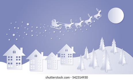 Merry Christmas and Happy New Year. Santa Claus on the sky. Paper art. Vector illustration