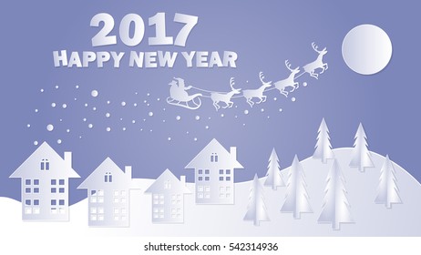 Merry Christmas and Happy New Year. Santa Claus on the sky. Paper art and craft style. Vector illustration