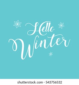 Merry Christmas Happy New Year greeting card with fall snow, sparkle, snowflakes Hello Winter text calligraphy on blue background Christmas decoration Winter Holiday Vintage Calligraphic elements 2022