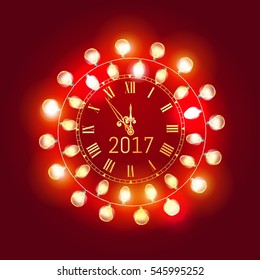 Merry Christmas and Happy new year 2017 gold clock face with christmas glowing electric garland decorate on red background. Antique gold watch dial New year midnight. Vector illustrations. EPS 10