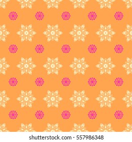 Merry Christmas and Happy New Year 2018 lettering quote. Abstract vector snowflakes on orange background seamless pattern. Hand drawn design with abstract winter doodles.