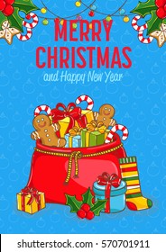 Merry christmas and Happy New Year cartoon concept. Large red Santa sack full of gifts, sweets, sock, holly, toys vector on blue. Xmas celebrating. For greeting card, party invitations design