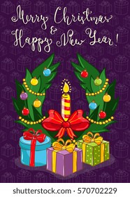 Merry christmas and Happy New Year cartoon concept with lettering. Christmas wreath with colorful toys, candle, wrapped gifts vectors on violet. Xmas celebrating. For greeting card, party invitation