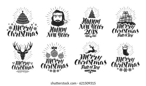 Merry Christmas and Happy New Year, label set. Xmas, holiday icons or logos. Lettering vector illustration