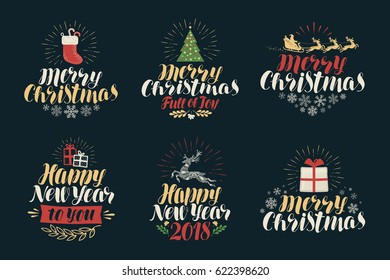 Feliz Navidad y Feliz Año Nuevo, conjunto de etiquetas. Iconos o logos de Navidad. Letra vectorial