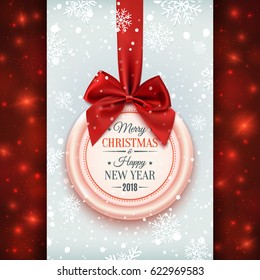 Merry Christmas and Happy New Year 2018 badge, with red ribbon and bow on winter background with snow and snowflakes. Template for greeting card or brochure. Vector illustration.