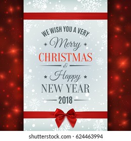 Merry Christmas  and Happy New Year 2018 text label on a winter background with red bow, ribbon, snow and snowflakes. Greeting card template. Vector illustration