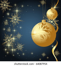 Merry Christmas and Happy New Year background with golden balls, snowflakes and ribbon