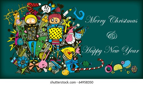 Merry Christmas & Happy New Year Funny Colorful Cartoon Card