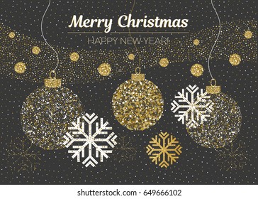 Merry Christmas and Happy New Year card. Vector golden glittering christmas balls, snow, snowflakes on black background