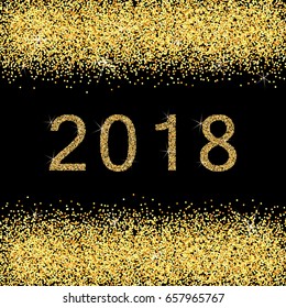 Merry Christmas and Happy new Year 2018 golden glitter card. Usable as background, flyer, sign, banner, poster. Abstract gold background.