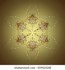 Merry Christmas and Happy New Year lettering quote. Abstract vector golden snowflakes on colorful background. Hand drawn design with abstract winter doodles.