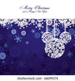 Merry Christmas and Happy New Year! Christmas card with snowflakes and christmas decorations on blue background, vector illustration