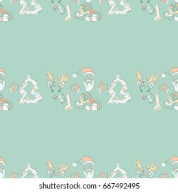 Merry Christmas and Happy New Year vector pattern. Santa, Deer, Christmas tree and Presents. -stock vector