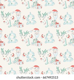 Merry Christmas and Happy New Year vector pattern. Santa, Deer, Christmas tree and Presents. -stock vector