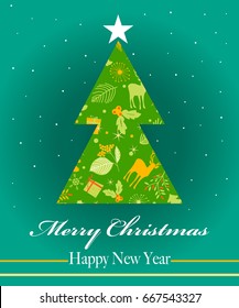 Merry Christmas and Happy New Year greeting card, vector illustration Retro style pine tree with gift box 
