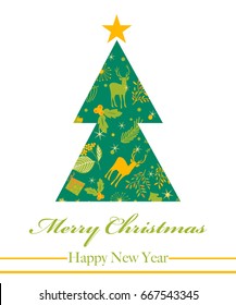 Merry Christmas and Happy New Year greeting card, vector illustration Vintage style pine tree with gift box 
