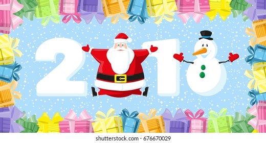 Merry Christmas and Happy New Year 2018 banner. Santa Claus and snowman near gift boxes on background snowflakes. Concept design poster, invitation, greeting card. Cartoon style. Vector illustration