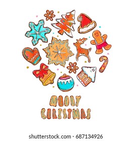 Merry christmas and happy new year vector banner. Gingerbread cookies concept. Different winter  elements: snowflakes, gingerbread man, christmas tree, gloves, Santas deer,  Santas hat and other