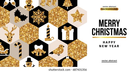 Merry Christmas and Happy New Year Greeting Card with White, Black and Gold Mosaic. Vector Illustration. Xmas Flyer Design, Brochure Cover, Poster. Minimalistic Invitation with Icons