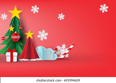 Merry Christmas and Happy new year on red background.Creative design paper art and craft style.Minimal cover sweet pastel color.Scene place for your text.Winter season element.vector illustration.