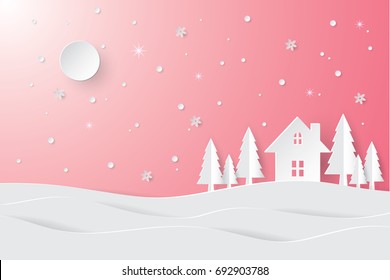 Merry Christmas and Happy New Year. Christmas background with night city landscape. Paper art style.