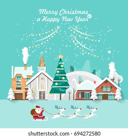 Merry Christmas and a Happy New Year vector greeting card in modern flat design. Christmas town.