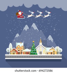 Merry Christmas and a Happy New Year vector greeting card in modern flat design. Christmas town.