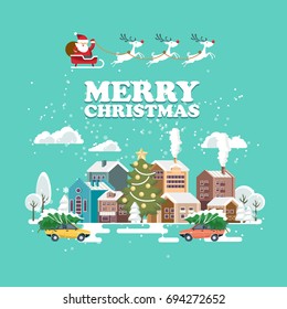 Merry Christmas and a Happy New Year vector greeting card in modern flat design. Christmas town.