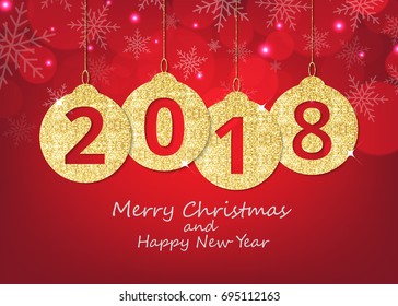 Merry Christmas and happy new year hanging 2018 number glitter balls on shiny red background.