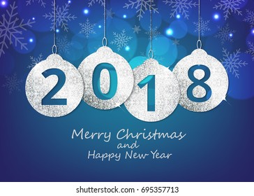 Merry Christmas and happy new year hanging 2018 number glitter balls on shiny blue background.