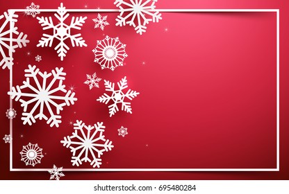 Merry Christmas and Happy new year. Abstract snowflakes with white frame on red background