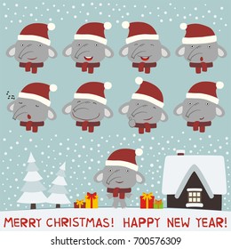 Merry christmas and Happy new year! Collection isolated heads of elephant in red hat in cartoon style.