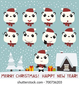 Merry christmas and Happy new year! Collection isolated heads of panda in red hat in cartoon style.