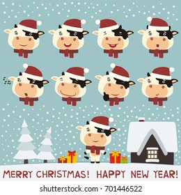 Merry christmas and Happy new year! Collection isolated heads of cow in red hat in cartoon style.