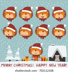 Merry christmas and Happy new year! Collection isolated heads of lion in red hat in cartoon style.