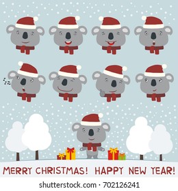 Merry christmas and Happy new year! Collection isolated heads of koala in red hat in cartoon style.