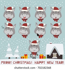 Merry christmas and Happy new year! Collection isolated heads of donkey in red hat in cartoon style.